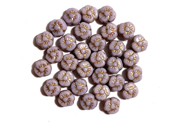Twenty 9mm Czech pansy flower beads - opaque light purple or amethyst flower beads with gold accents - C0331