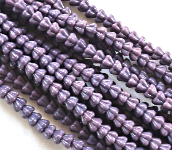 50 Purple flower beads, 4 x 6mm baby bellflower beads, opaque, lilac, lavender Czech pressed glass beads C1901 - Glorious Glass Beads