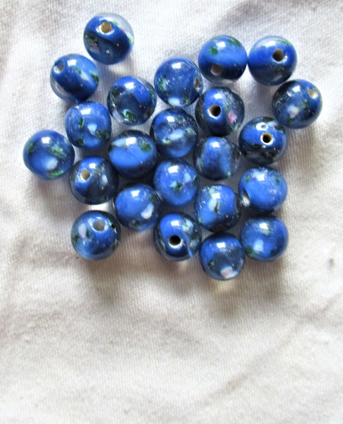 Lot of ten 10mm royal blue floral druk beads - made in India glass flower smooth round druks C7801