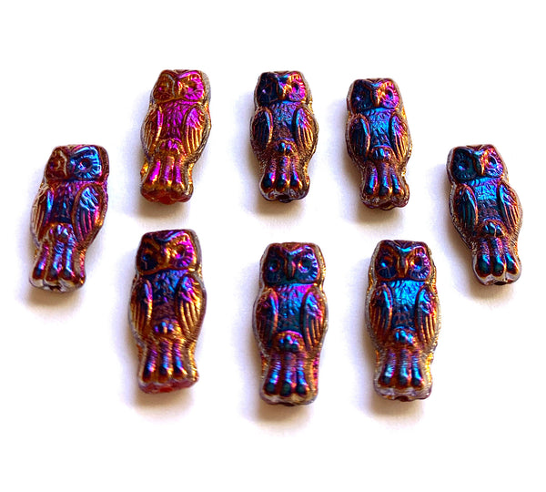 10 Czech glass owl beads - top drilled 7 x 15mm metallic purple gold pressed glass beads C0052