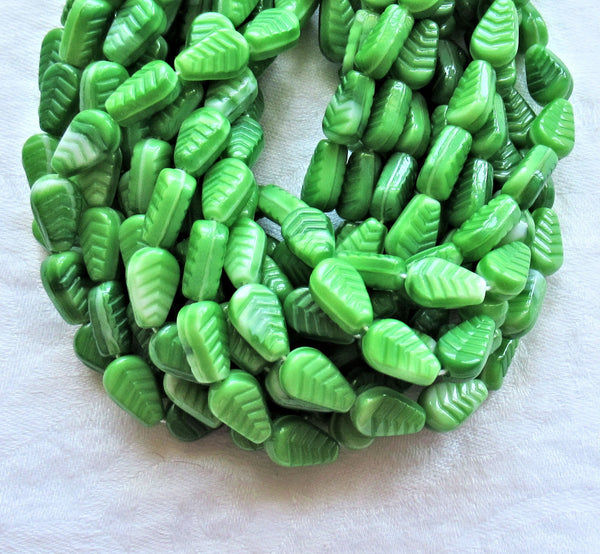 Lot of 25 Czech glass leaf beads - Opaque green and white marbled vintage style beads - center drilled 12 x 8mm beads C0701