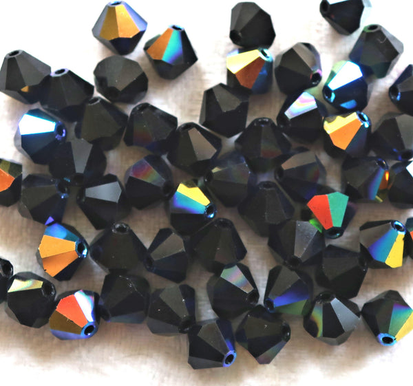 Lot of 24 6mm Czech opaque Jet Black AB glass faceted bicone beads, Preciosa Crystal black AB bicones 60101 - Glorious Glass Beads