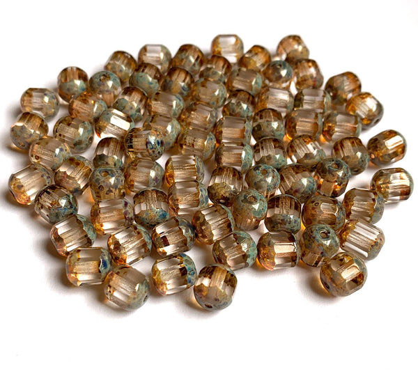 15 Czech glass faceted cathedral or barrel beads six sides - 8mm fire polished crystal clear beads with a picasso finish on the ends C0094