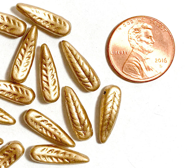 25 Czech glass curved feather or dagger beads - 17 x 5mm matte metallic gold textured pressed glass beads - C0096