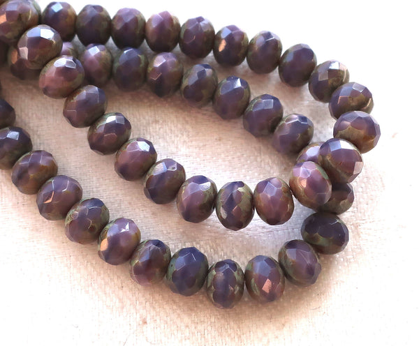 Lot of 25 Czech glass faceted puffy rondelle beads, 5 x 7mm opaque purple, amethyst with pink mix, & picasso finish rondelles C00201