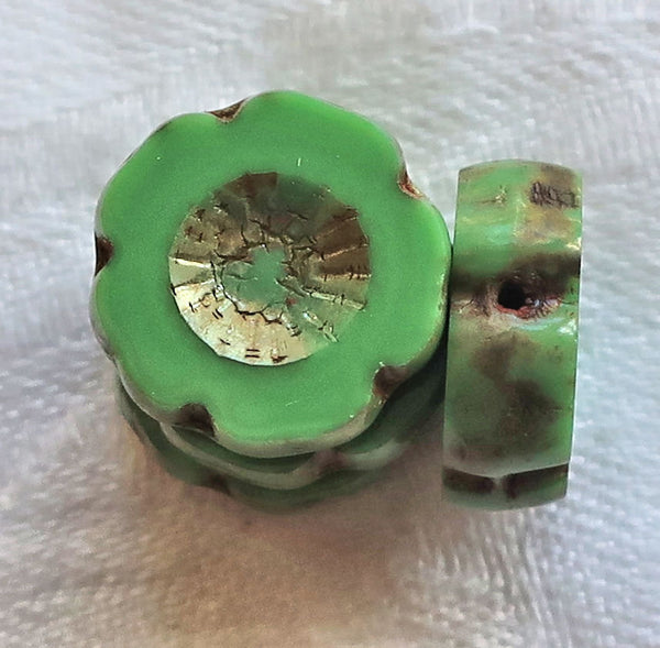Six 14mm table cut, carved, opaque green picasso Czech glass Hawaiian Flower beads C80106 - Glorious Glass Beads