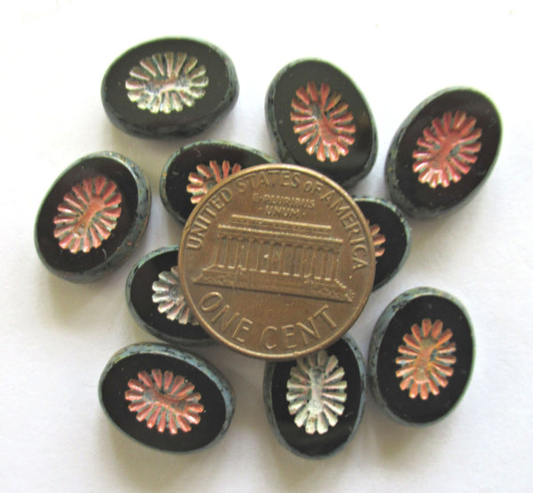 Ten 14 x 10mm Czech glass kiwi beads - jet black picasso flat oval - table cut - carved front & back C00881