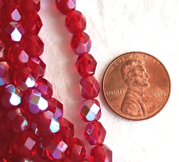 Lot of 25 6mm ruby red AB Czech glass beads, firepolished, faceted round beads, C3525 - Glorious Glass Beads