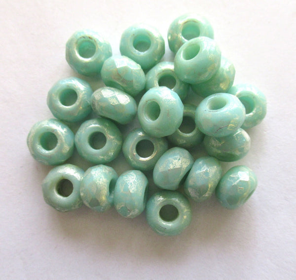 Twelve Czech glass faceted roller or rondelle beads - opaque mint green w/silver mercury finish - 8.5x 5mm big 3.5mm hole tyre beads 00041