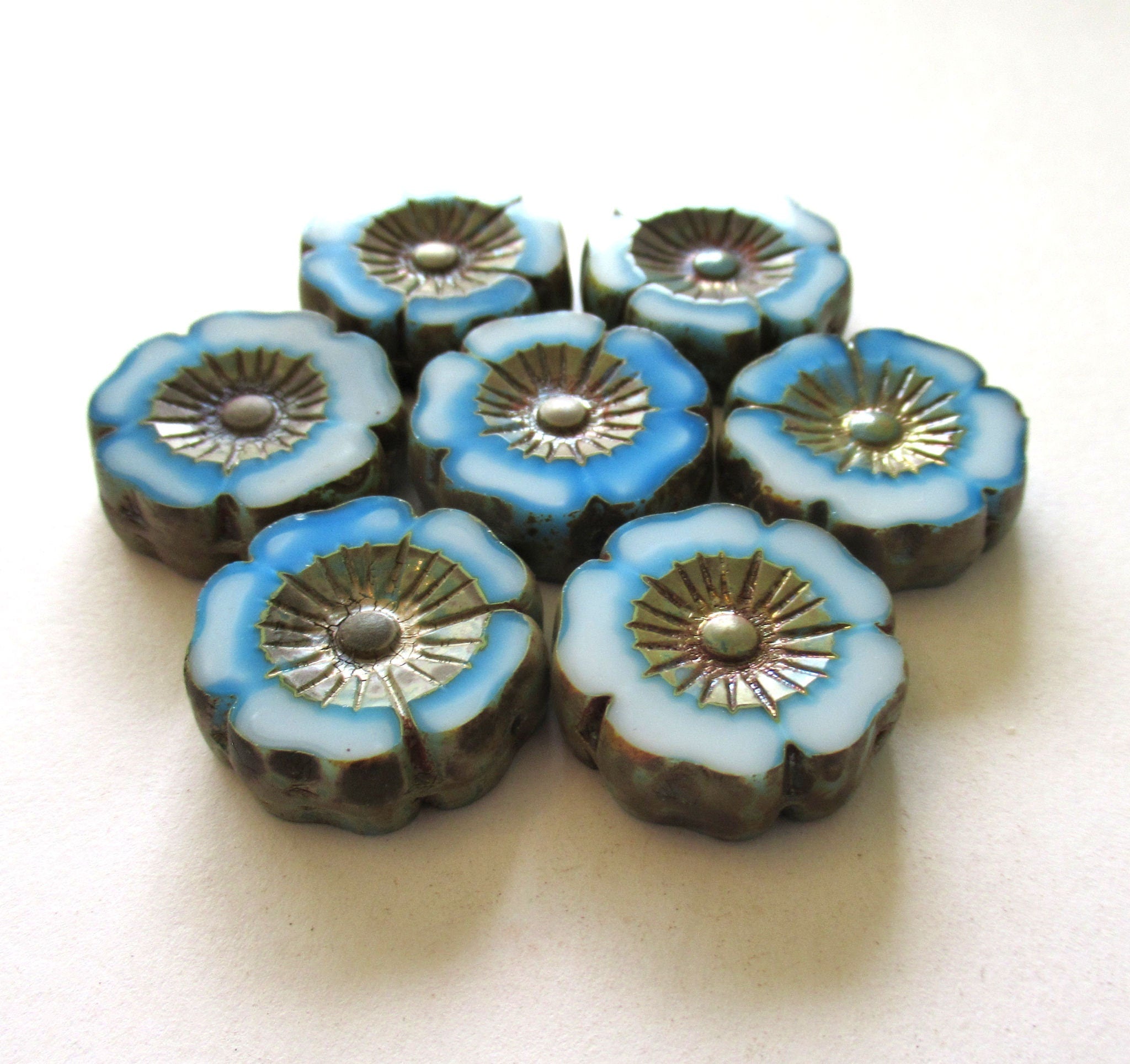 Two large 22mm Czech glass flower beads - Table cut carved marbled blue & white picasso beads - Hawaiian hibiscus focal flower beads - 00811