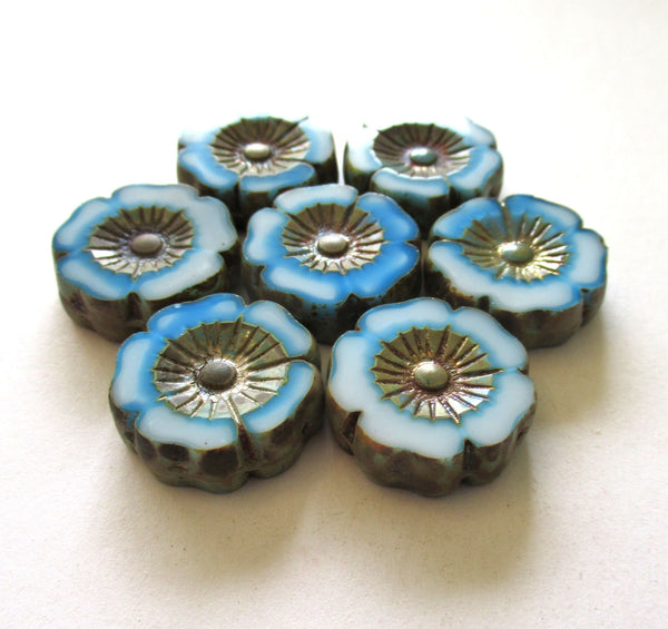 Two large 22mm Czech glass flower beads - Table cut carved marbled blue & white picasso beads - Hawaiian hibiscus focal flower beads - 00811
