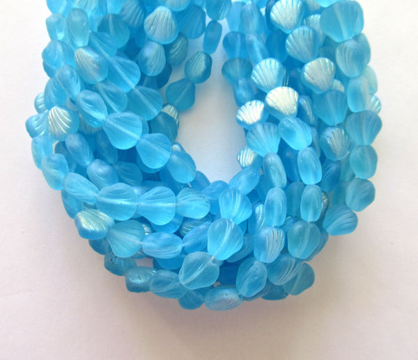 20 Czech glass fan, shell or clam beads - matte aqua blue beads with an ab finish - nautical beads - 00001