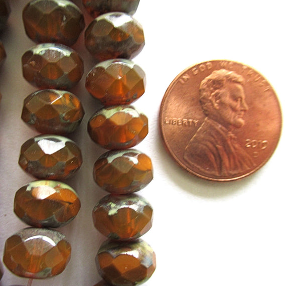 25 Czech glass faceted puffy rondelle beads - burnt orange brown rust opaque & transparent picasso mix 6 x 8mm rustic earthy rondelles 00591