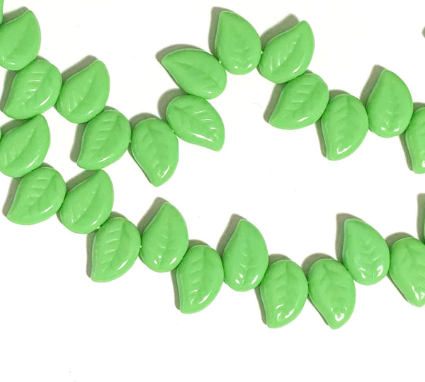 25 Czech glass center drilled eucalyptus leaf beads - 12 x 9mm opaque green leaves - textured pressed glass beads - C0077