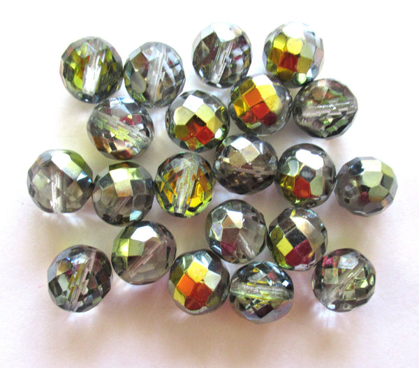 Ten Czech glass fire polished faceted round beads - 12mm crystal clear beads with a silver rainbow marea finish C00901