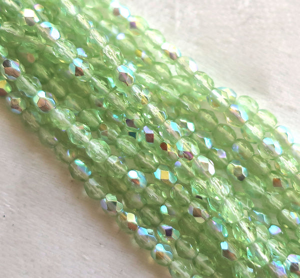 Lot of 50 3mm Peridot, Mint Green AB Czech glass beads, firepolished, faceted round glass beads C7450