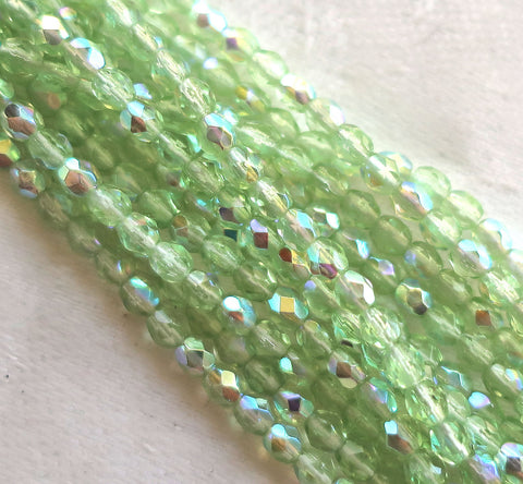 Lot of 50 3mm Peridot, Mint Green AB Czech glass beads, firepolished, faceted round glass beads C7450 - Glorious Glass Beads