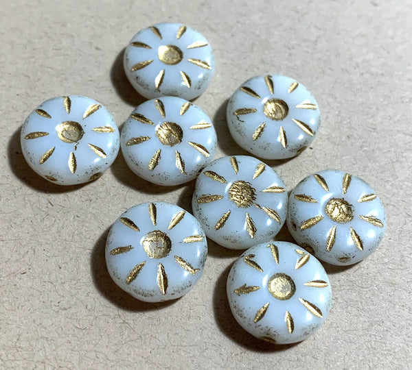 Eight 12mm Czech glass flower beads - round, carved, opaque white daisy, coin, disc or wheel beads w/ gold accents C0088