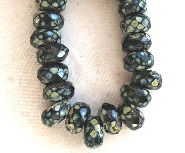 Ten 9mm x 6mm Jet Black Picasso Czech glass beads, faceted round roller, rondelle beads, big 3.5mm hole beads C50110 - Glorious Glass Beads