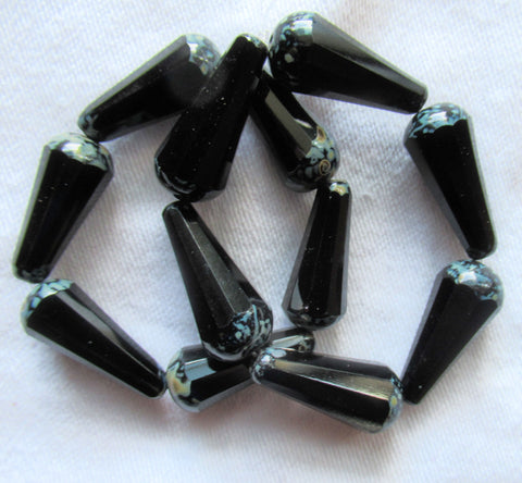 Six Czech glass long faceted teardrop beads - opaque jet black w/ picasso finish on the ends - 9 x 20mm elongated tear drops 19106