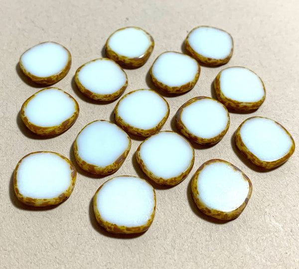 Six 15mm Czech glass asymmetrical coin or disc beads -opaque white picasso table cut beads - C0231