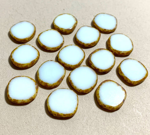 Six 15mm Czech glass asymmetrical coin or disc beads -opaque white Picasso rustic earthy beads - C0231