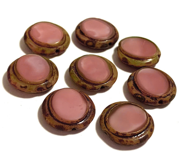 Six 14mm Czech glass coin or disc beads - table cut carved silky pink beads with a silvery brown picasso finish along the edges C0611
