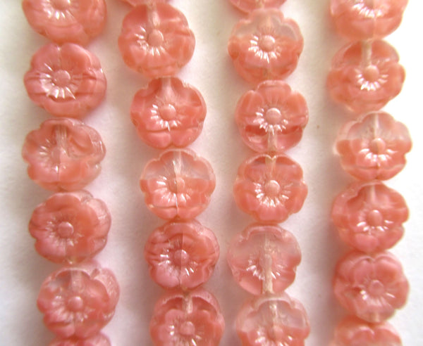 Lot of fifteen 8mm Czech glass flower beads - table cut, carved, pink & crystal marbled Hawaiian hibiscus flower beads - 00121