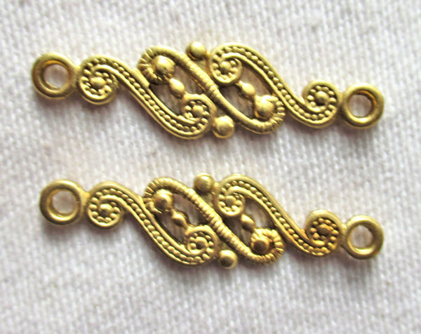 Six raw brass stampings - ornate Victorian connectors with rings - 28mm x 7mm USA made C46102