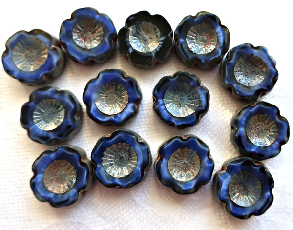 Lot of six 14mm table cut, carved, Czech glass flower beads. opaque, marbled satin, silk, midnight blue picasso Hawaiian flowers C80101 - Glorious Glass Beads