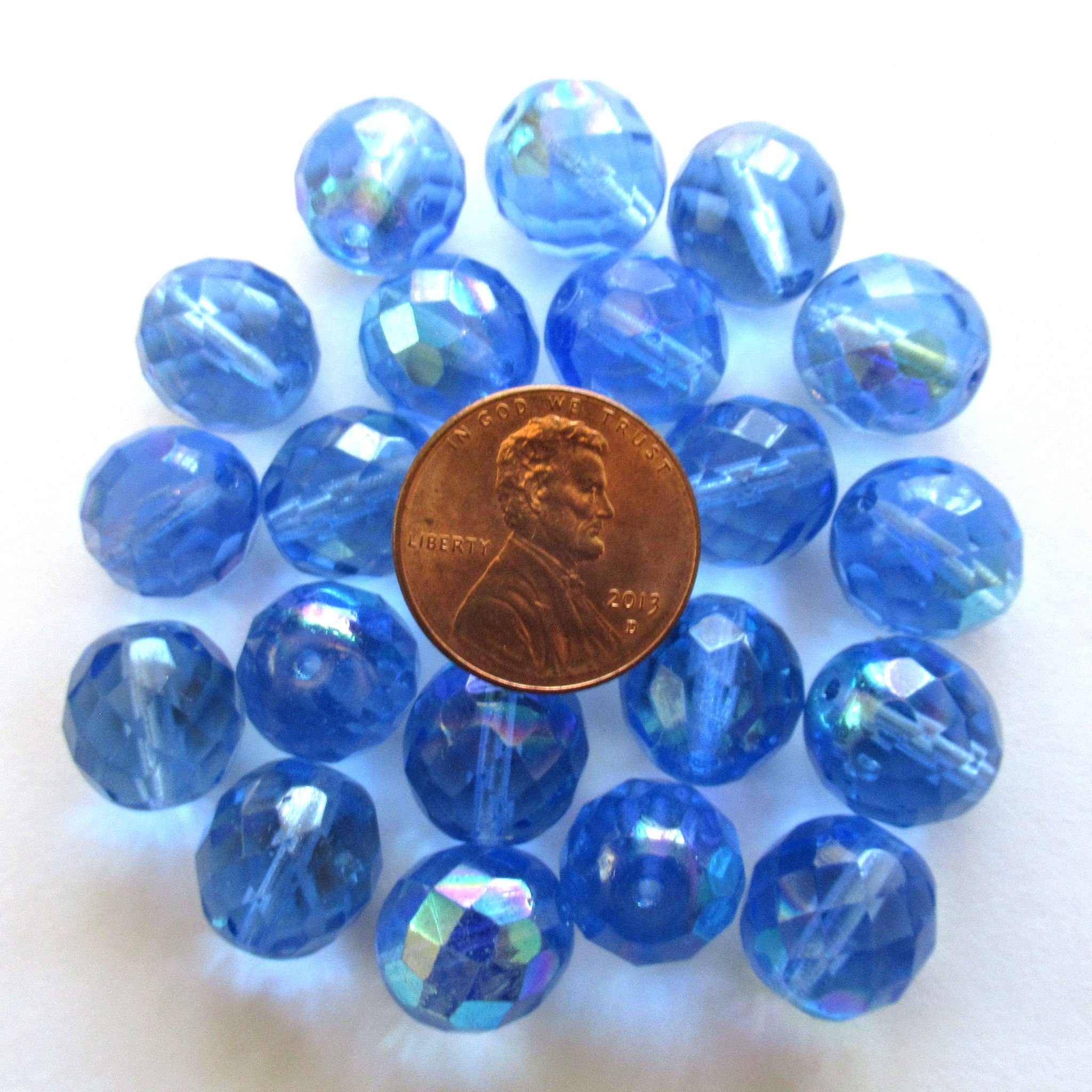 Ten Czech glass fire polished faceted round beads - 12mm light sapphire blue beads with an AB finish C0089