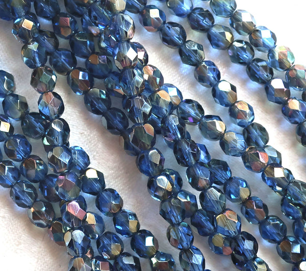 Lot of 25 6mm Czech Czech glass beads, Sapphire Blue Celsian faceted firepolished round beads, C3501