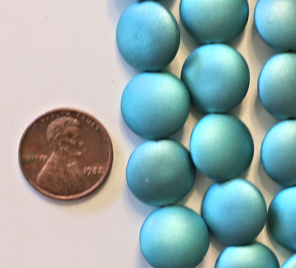 Lot of 8 Czech glass coin beads - 14mm puffy pillow beads - Satin Metallic Teal - Blue Green - C40101 - Glorious Glass Beads