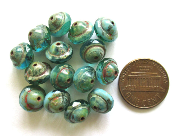 Ten Czech glass faceted saturn beads - 8x10mm opaque and transparent aqua / turquoise blue mix picasso saucer beads - 00961