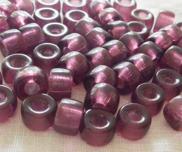 25 9mm Czech Amethyst or Purple pony roller beads, large hole iridescent multicolored glass crow beads, C7625