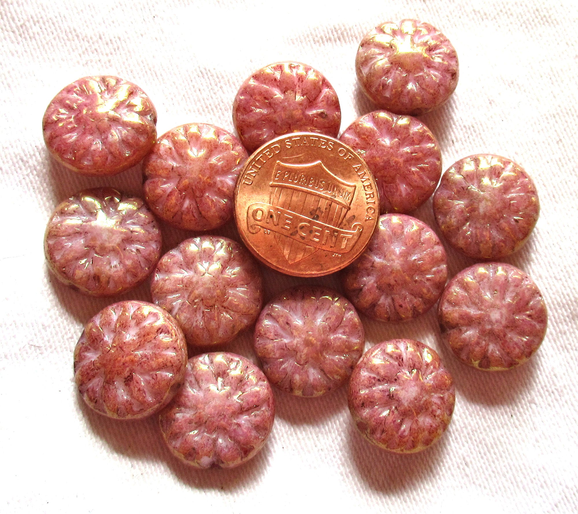 Five Czech glass Dahlia flower beads - 14mm opaque pink luster floral beads