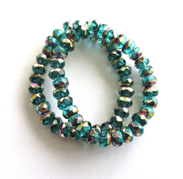 30 small 3 x 5mm Czech glass faceted puffy rondelle beads - transparent teal blue green rondelles with a vitral finish C00331