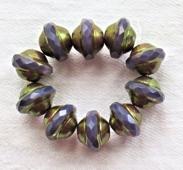 Ten Czech glass saturn beads - 8 x 10mm - opaque purple / amethyst silk faceted saucer beads with a bronze picsso finish C85101 - Glorious Glass Beads