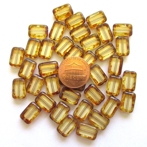 Ten rectangular, table cut Czech glass beads - crystal clear beads with a brown picasso finish - rectangle beads - 12mm x 8mm - C0068