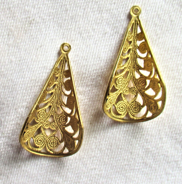 2 raw brass stampings - pair cone shaped ornate Victorian filigree earrings or charms with ring - 28.5mm x 14mm - USA made C7602