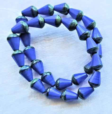 Lot of 15 8 x 6mm Czech glass teardrop beads - opaque royal blue silk w/ black accents - special cut, faceted, firepolished beads C05101 - Glorious Glass Beads
