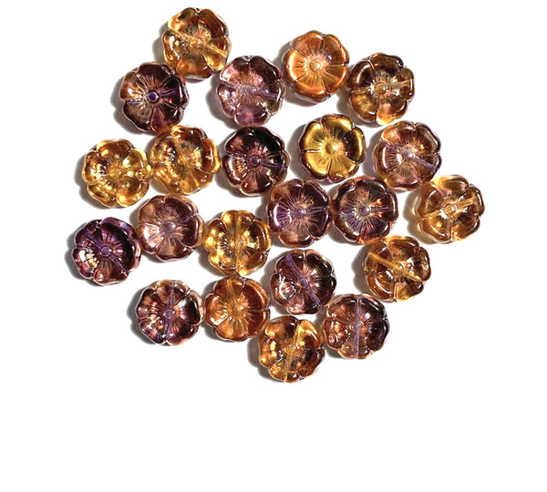 Ten 12mm Czech glass flower beads - orange, purple and gold AB pressed glass flowers - C0111