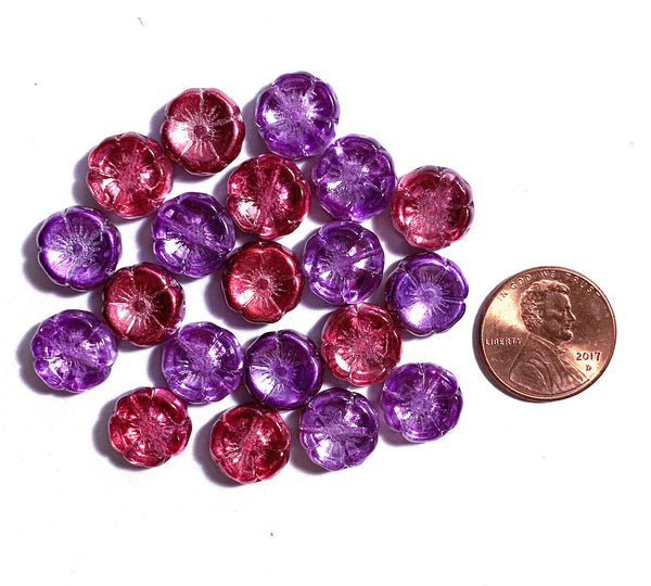 Ten 12mm Czech glass flower beads - pink and purple AB pressed glass flowers - C0111