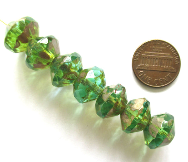 Five Czech large glass faceted rivoli saucer beads - 9 x 13mm peridot green w/ picasso finish - chunky rustic earthy beads C00822