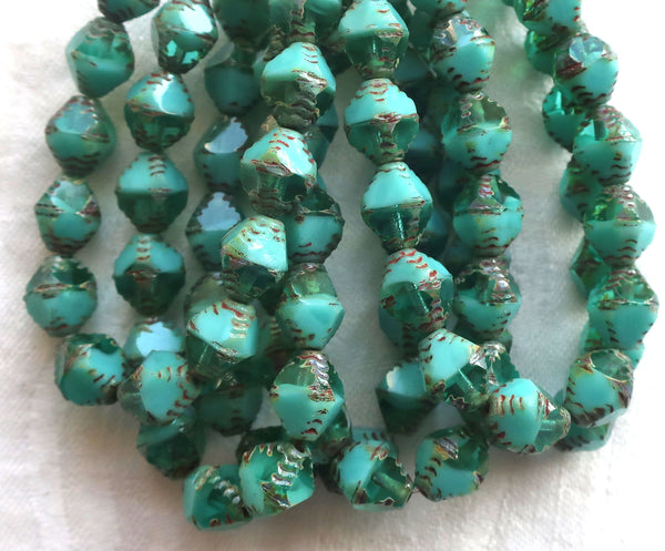 Lot of 15 Czech glass bicones, turquoise blue green opaque and transparent mix picasso carved faceted 8 x 10mm large bicone beads, C07201 - Glorious Glass Beads