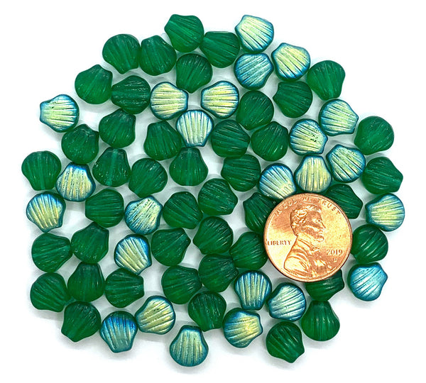 Twenty Czech glass seashell, fan or clam beads -8mm matte emerald green shell beads AB - C0058