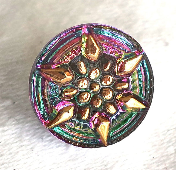 One 13mm Czech glass button with a gold raised star - iridescent pink & green decorative shank button 09101