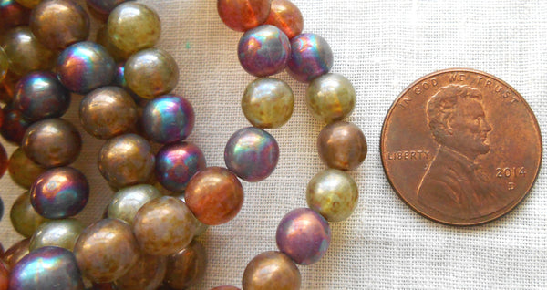30 6mm Czech glass beads, earth tones mix, yellow, umber, purple, green etc. smooth round druk beads with an iridescent luster finish C2901