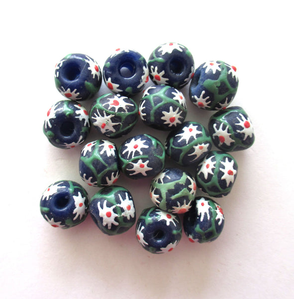 Lot of 8 African Ghana Krobo round glass flower beads - blue beads with white flowers - 11-12mm - big hole rustic earthy beads - C0039