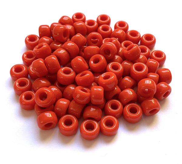 Twenty-five 9mm Czech glass pony, crow, roller beads - opaque orange / red large hole beads - C0062